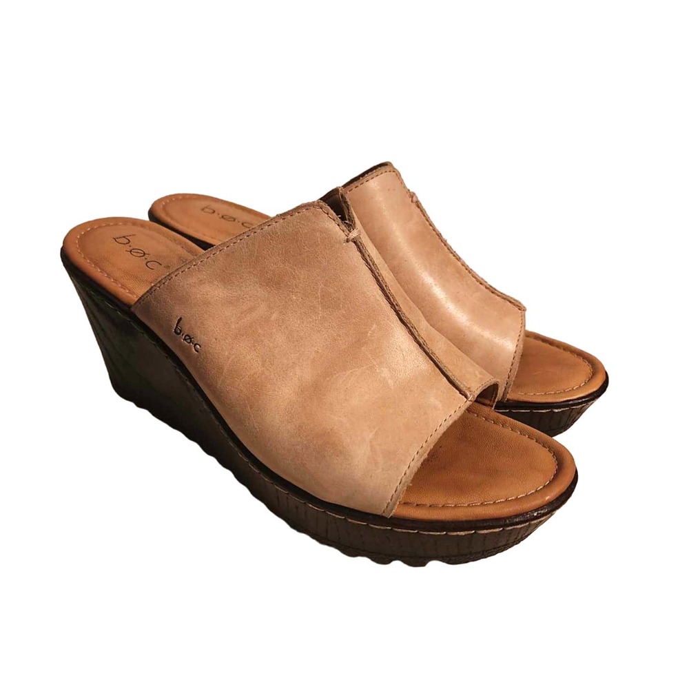 b.o.c. Tan Leather Wedge Slide Sandals
